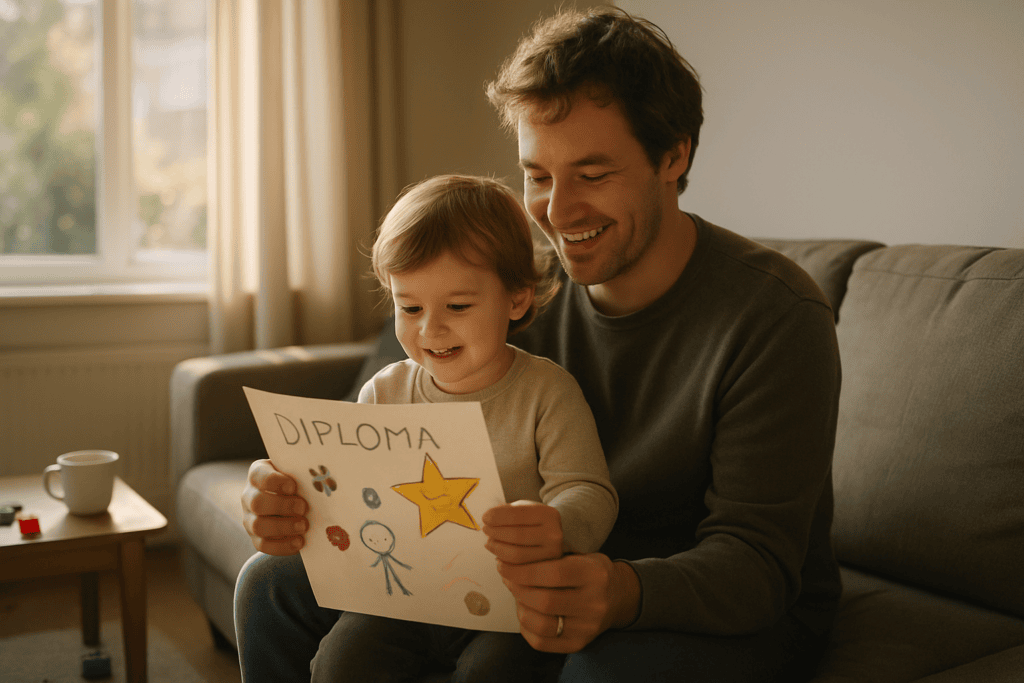 Een peuter en ouder zitten samen glimlachend op de bank terwijl ze een zelfgemaakt diploma met tekeningen bekijken in een zonnige woonkamer.