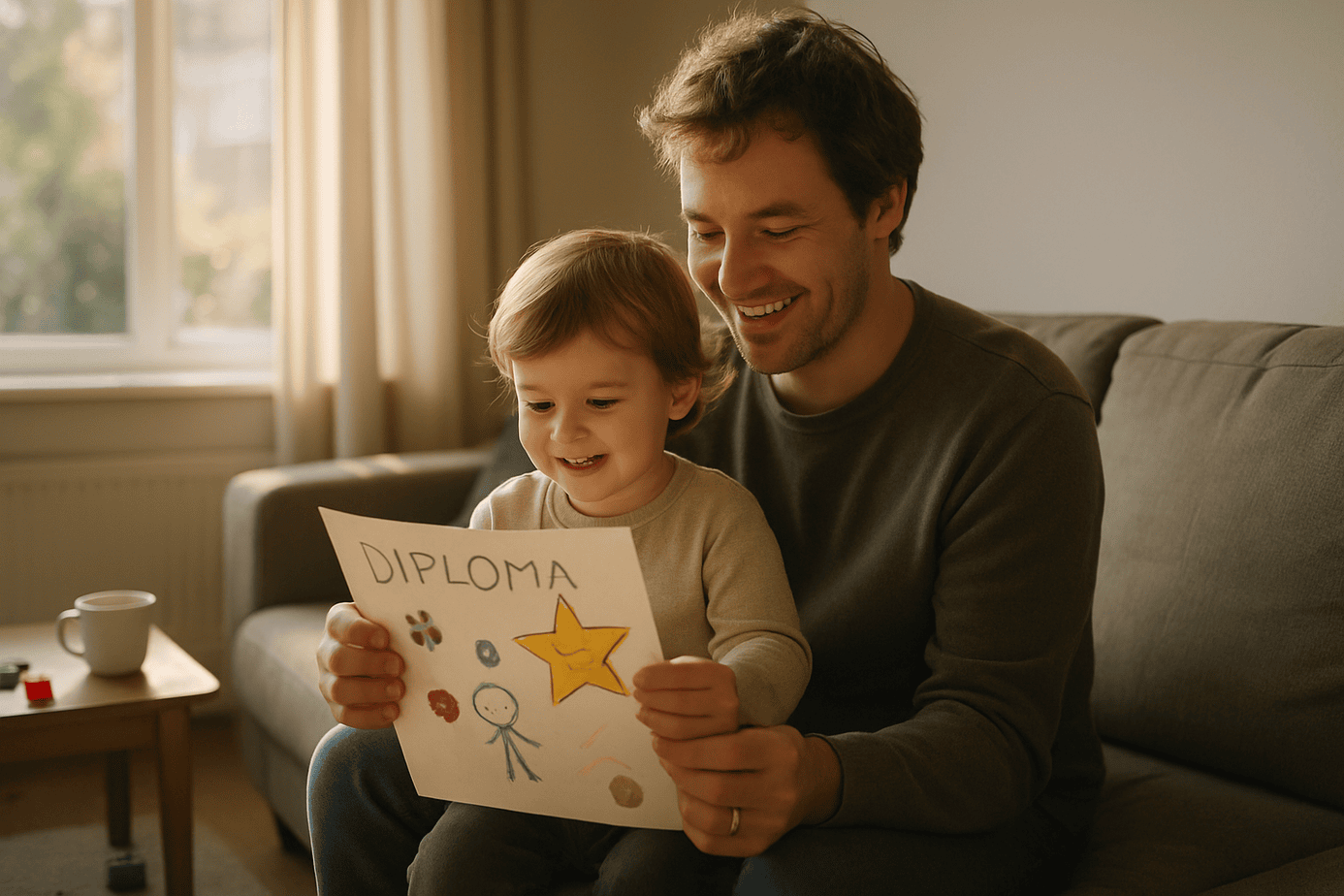 Een peuter en ouder zitten samen glimlachend op de bank terwijl ze een zelfgemaakt diploma met tekeningen bekijken in een zonnige woonkamer.