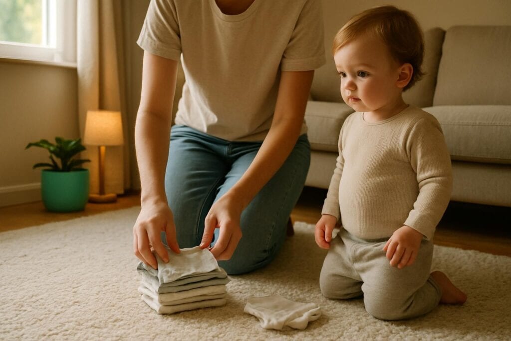 Een ouder vouwt kleine katoenen onderbroekjes op een vloerkleed terwijl een peuter ernaast staat toe te kijken.