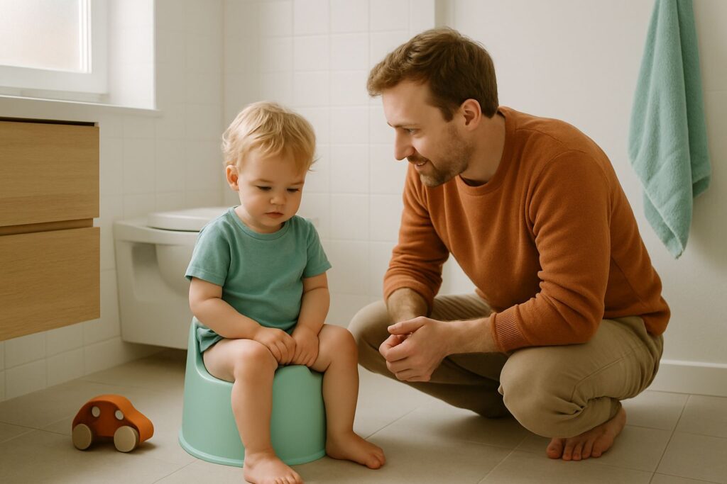 Peuter zit op een potje in de badkamer terwijl een ouder er geduldig naast zit